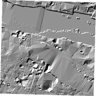 Shaded relief map of the ground around SE12SW, computed from Environment Agency LiDAR. The ground here sits at about 5 m above sea level and falls 15 m across the surrounding 800 m. Surface water reaching this point runs off ground lying to the north-west, 1.8 m higher.