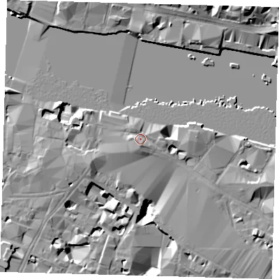 Shaded relief map of the ground around SE12SX, computed from Environment Agency LiDAR. The ground here sits at about 5 m above sea level and falls 17 m across the surrounding 800 m. Surface water reaching this point runs off ground lying to the south, 2.3 m higher.