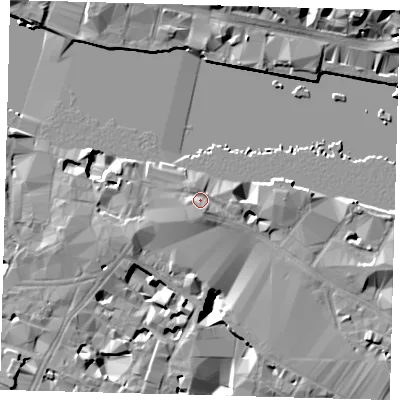 Shaded relief map of the ground around SE12SY, computed from Environment Agency LiDAR. The ground here sits at about 5 m above sea level and falls 17 m across the surrounding 800 m. Surface water reaching this point runs off ground lying to the south-south-east, 2.2 m higher.