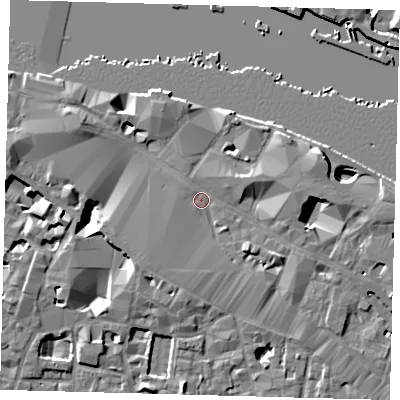 Shaded relief map of the ground around SE12TF, computed from Environment Agency LiDAR. The ground here sits at about 4 m above sea level and falls 12 m across the surrounding 800 m. Surface water reaching this point runs off ground lying to the east, 4.0 m higher.