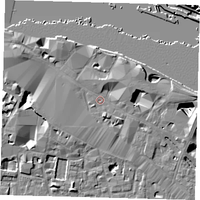 Shaded relief map of the ground around SE12TH, computed from Environment Agency LiDAR. The ground here sits at about 4 m above sea level and falls 28 m across the surrounding 800 m. Surface water reaching this point runs off ground lying to the east-north-east, 4.0 m higher.
