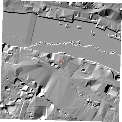 Shaded relief map of the ground around SE12TT, computed from Environment Agency LiDAR. The ground here sits at about 6 m above sea level and falls 18 m across the surrounding 800 m. Surface water reaching this point runs off ground lying to the north-north-east, 0.9 m higher.