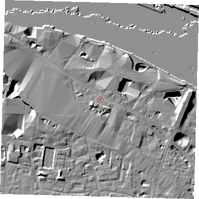 Shaded relief map of the ground around SE12TU, computed from Environment Agency LiDAR. The ground here sits at about 4 m above sea level and falls 29 m across the surrounding 800 m. Surface water reaching this point runs off ground lying to the north-east, 2.8 m higher.