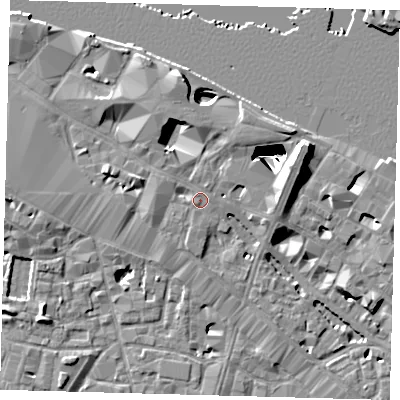 Shaded relief map of the ground around SE12TZ, computed from Environment Agency LiDAR. The ground here sits at about 5 m above sea level and falls 29 m across the surrounding 800 m. Surface water reaching this point runs off ground lying to the north-north-west, 0.7 m higher.