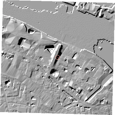 Shaded relief map of the ground around SE12UP, computed from Environment Agency LiDAR. The ground here sits at about 6 m above sea level and falls 29 m across the surrounding 800 m. Surface water reaching this point runs off ground lying to the north-north-west, 3.6 m higher.