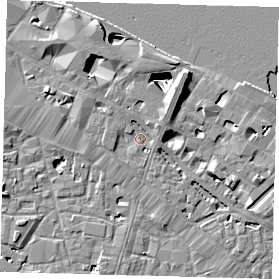 Shaded relief map of the ground around SE12XA, computed from Environment Agency LiDAR. The ground here sits at about 4 m above sea level and falls 29 m across the surrounding 800 m. Surface water reaching this point runs off ground lying to the north-east, 6.1 m higher.