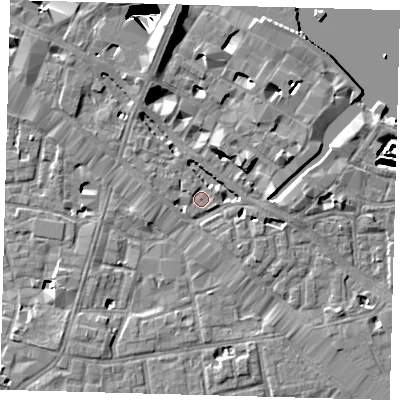 Shaded relief map of the ground around SE12XB, computed from Environment Agency LiDAR. The ground here sits at about 3 m above sea level and falls 29 m across the surrounding 800 m. Surface water reaching this point runs off ground lying to the south-east, 2.2 m higher.