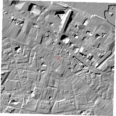 Shaded relief map of the ground around SE12XD, computed from Environment Agency LiDAR. The ground here sits at about 4 m above sea level and falls 29 m across the surrounding 800 m. Surface water reaching this point runs off ground lying to the north-north-east, 0.9 m higher.