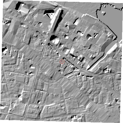 Shaded relief map of the ground around SE12XE, computed from Environment Agency LiDAR. The ground here sits at about 4 m above sea level and falls 29 m across the surrounding 800 m. Surface water reaching this point runs off ground lying to the north, 8.5 m higher.