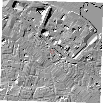 Shaded relief map of the ground around SE12XF, computed from Environment Agency LiDAR. The ground here sits at about 4 m above sea level and falls 29 m across the surrounding 800 m. Surface water reaching this point runs off ground lying to the north, 8.5 m higher.