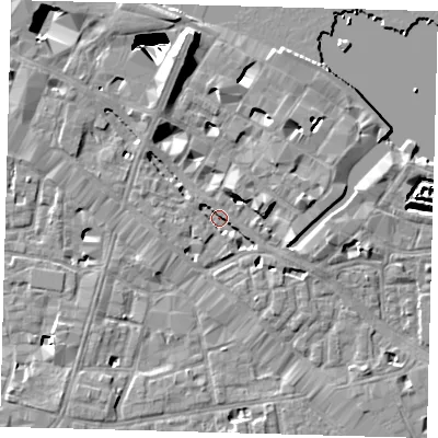 Shaded relief map of the ground around SE12XG, computed from Environment Agency LiDAR. The ground here sits at about 2 m above sea level and falls 29 m across the surrounding 800 m. Surface water reaching this point runs off ground lying to the north, 9.1 m higher.