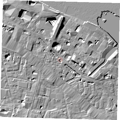 Shaded relief map of the ground around SE12XH, computed from Environment Agency LiDAR. The ground here sits at about 3 m above sea level and falls 29 m across the surrounding 800 m. Surface water reaching this point runs off ground lying to the north, 8.5 m higher.