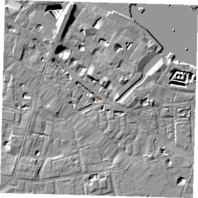 Shaded relief map of the ground around SE12XJ, computed from Environment Agency LiDAR. The ground here sits at about 3 m above sea level and falls 29 m across the surrounding 800 m. Surface water reaching this point runs off ground lying to the north-north-west, 9.1 m higher.