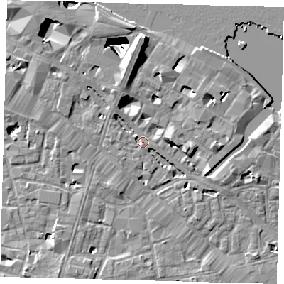 Shaded relief map of the ground around SE12XL, computed from Environment Agency LiDAR. The ground here sits at about 4 m above sea level and falls 29 m across the surrounding 800 m. Surface water reaching this point runs off ground lying to the north, 8.5 m higher.