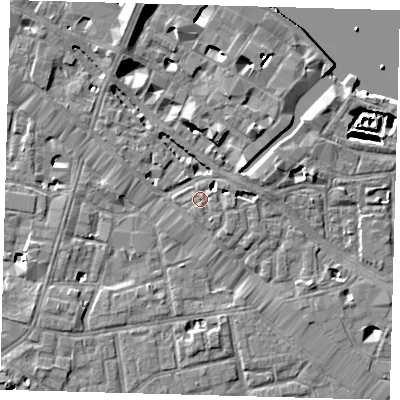 Shaded relief map of the ground around SE12XN, computed from Environment Agency LiDAR. The ground here sits at about 4 m above sea level and falls 9 m across the surrounding 800 m. Surface water reaching this point runs off ground lying to the east-north-east, 2.9 m higher.