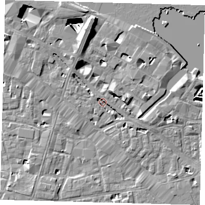 Shaded relief map of the ground around SE12XQ, computed from Environment Agency LiDAR. The ground here sits at about 2 m above sea level and falls 29 m across the surrounding 800 m. Surface water reaching this point runs off ground lying to the north, 9.1 m higher.