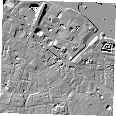 Shaded relief map of the ground around SE12XS, computed from Environment Agency LiDAR. The ground here sits at about 2 m above sea level and falls 29 m across the surrounding 800 m. Surface water reaching this point runs off ground lying to the north-north-west, 9.1 m higher.