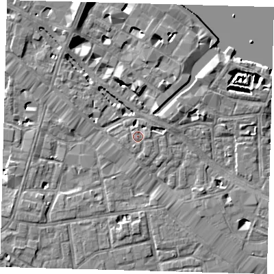 Shaded relief map of the ground around SE12XU, computed from Environment Agency LiDAR. The ground here sits at about 4 m above sea level and falls 8 m across the surrounding 800 m. Surface water reaching this point runs off ground lying to the north-north-east, 2.3 m higher.