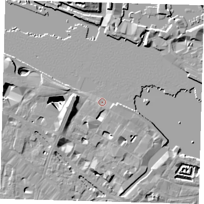Shaded relief map of the ground around SE12YA, computed from Environment Agency LiDAR. The ground here sits at about 4 m above sea level and falls 29 m across the surrounding 800 m. Surface water reaching this point runs off ground lying to the south-south-west, 1.5 m higher.