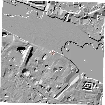 Shaded relief map of the ground around SE12YE, computed from Environment Agency LiDAR. The ground here sits at about 5 m above sea level and falls 29 m across the surrounding 800 m. Surface water reaching this point runs off ground lying to the east-north-east, 2.1 m higher.