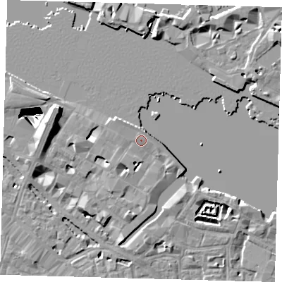 Shaded relief map of the ground around SE12YG, computed from Environment Agency LiDAR. The ground here sits at about 5 m above sea level and falls 29 m across the surrounding 800 m. Surface water reaching this point runs off ground lying to the east, 1.1 m higher.