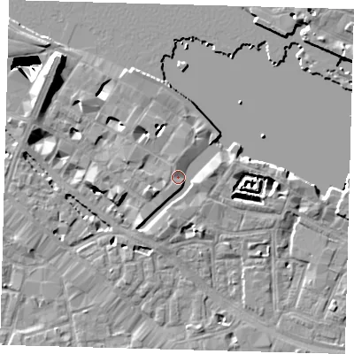 Shaded relief map of the ground around SE12YH, computed from Environment Agency LiDAR. The ground here sits at about 4 m above sea level and falls 29 m across the surrounding 800 m. Surface water reaching this point runs off ground lying to the south-west, 2.3 m higher.