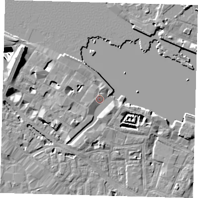 Shaded relief map of the ground around SE12YJ, computed from Environment Agency LiDAR. The ground here sits at about 4 m above sea level and falls 29 m across the surrounding 800 m. Surface water reaching this point runs off ground lying to the south-west, 4.3 m higher.