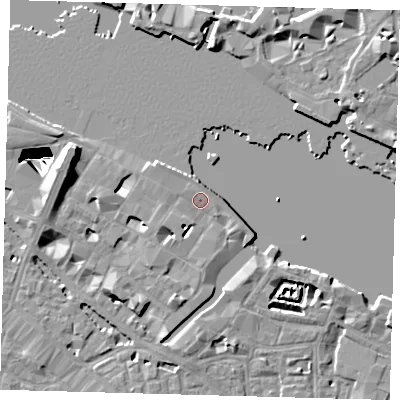 Shaded relief map of the ground around SE12YL, computed from Environment Agency LiDAR. The ground here sits at about 5 m above sea level and falls 29 m across the surrounding 800 m. Surface water reaching this point runs off ground lying to the south-south-west, 4.3 m higher.