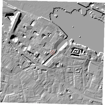 Shaded relief map of the ground around SE12YN, computed from Environment Agency LiDAR. The ground here sits at about 4 m above sea level and falls 29 m across the surrounding 800 m. Surface water reaching this point runs off ground lying to the south-west, 2.3 m higher.