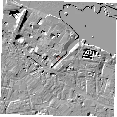 Shaded relief map of the ground around SE12YP, computed from Environment Agency LiDAR. The ground here sits at about 4 m above sea level and falls 29 m across the surrounding 800 m. Surface water reaching this point runs off ground lying to the south-west, 2.3 m higher.
