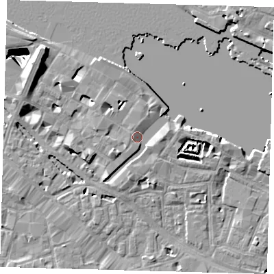 Shaded relief map of the ground around SE12YQ, computed from Environment Agency LiDAR. The ground here sits at about 4 m above sea level and falls 29 m across the surrounding 800 m. Surface water reaching this point runs off ground lying to the south-west, 2.3 m higher.