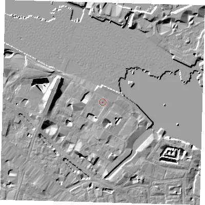 Shaded relief map of the ground around SE12YR, computed from Environment Agency LiDAR. The ground here sits at about 4 m above sea level and falls 29 m across the surrounding 800 m. Surface water reaching this point runs off ground lying to the west, 6.7 m higher.