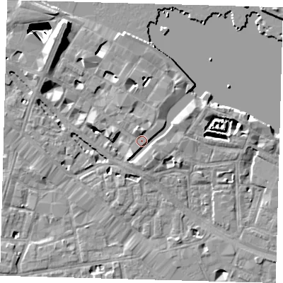 Shaded relief map of the ground around SE12YS, computed from Environment Agency LiDAR. The ground here sits at about 4 m above sea level and falls 29 m across the surrounding 800 m. Surface water reaching this point runs off ground lying to the south-south-west, 2.3 m higher.