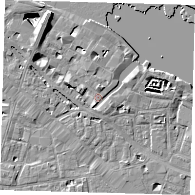 Shaded relief map of the ground around SE12YT, computed from Environment Agency LiDAR. The ground here sits at about 4 m above sea level and falls 29 m across the surrounding 800 m. Surface water reaching this point runs off ground lying to the south-south-west, 2.3 m higher.