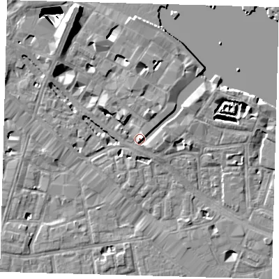 Shaded relief map of the ground around SE12YU, computed from Environment Agency LiDAR. The ground here sits at about 5 m above sea level and falls 29 m across the surrounding 800 m. Surface water reaching this point runs off ground lying to the north-west, 3.4 m higher.