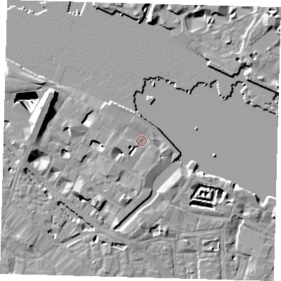 Shaded relief map of the ground around SE12YW, computed from Environment Agency LiDAR. The ground here sits at about 4 m above sea level and falls 29 m across the surrounding 800 m. Surface water reaching this point runs off ground lying to the south-south-west, 4.3 m higher.