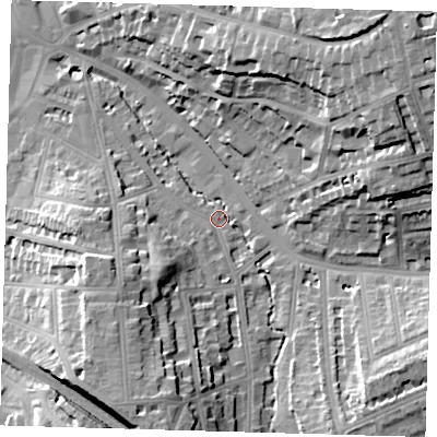 Shaded relief map of the ground around SE135AB, computed from Environment Agency LiDAR. The ground here sits at about 11 m above sea level and falls 27 m across the surrounding 800 m. Surface water reaching this point runs off ground lying to the south-south-west, 17.0 m higher.