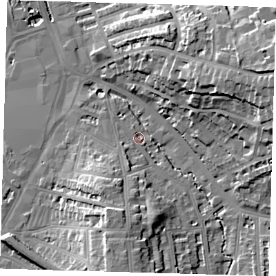 Shaded relief map of the ground around SE135AD, computed from Environment Agency LiDAR. The ground here sits at about 10 m above sea level and falls 31 m across the surrounding 800 m. Surface water reaching this point runs off ground lying to the south-south-west, 13.2 m higher.