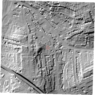 Shaded relief map of the ground around SE135AE, computed from Environment Agency LiDAR. The ground here sits at about 12 m above sea level and falls 26 m across the surrounding 800 m. Surface water reaching this point runs off ground lying to the south-south-west, 14.1 m higher.