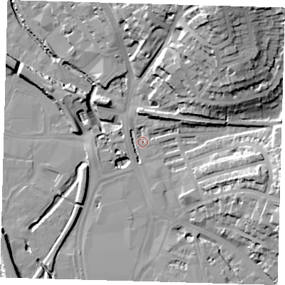 Shaded relief map of the ground around SE135AF, computed from Environment Agency LiDAR. The ground here sits at about 8 m above sea level and falls 37 m across the surrounding 800 m. Surface water reaching this point runs off ground lying to the north-east, 28.9 m higher.