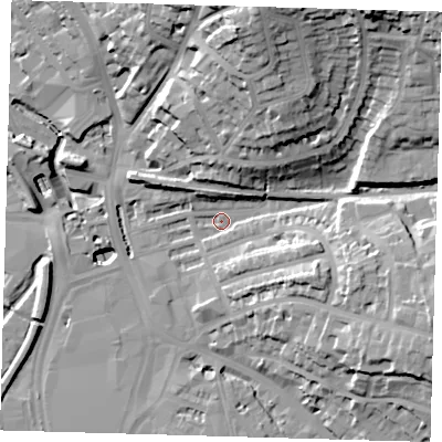 Shaded relief map of the ground around SE135AG, computed from Environment Agency LiDAR. The ground here sits at about 10 m above sea level and falls 41 m across the surrounding 800 m. Surface water reaching this point runs off ground lying to the north-east, 33.7 m higher.
