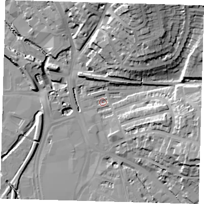 Shaded relief map of the ground around SE135AJ, computed from Environment Agency LiDAR. The ground here sits at about 8 m above sea level and falls 37 m across the surrounding 800 m. Surface water reaching this point runs off ground lying to the north-north-east, 31.4 m higher.