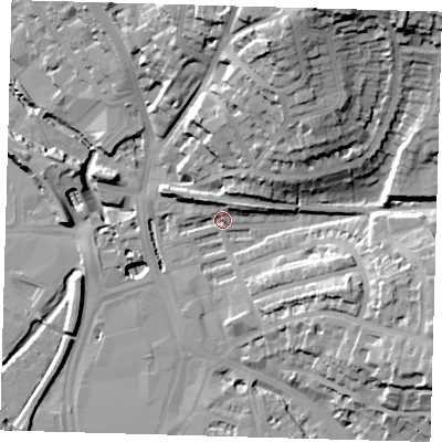 Shaded relief map of the ground around SE135AQ, computed from Environment Agency LiDAR. The ground here sits at about 9 m above sea level and falls 41 m across the surrounding 800 m. Surface water reaching this point runs off ground lying to the north-east, 17.6 m higher.