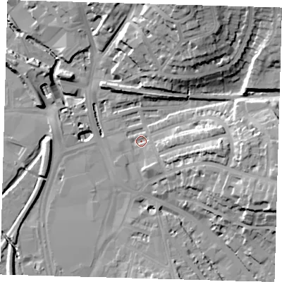 Shaded relief map of the ground around SE135AS, computed from Environment Agency LiDAR. The ground here sits at about 9 m above sea level and falls 34 m across the surrounding 800 m. Surface water reaching this point runs off ground lying to the east, 16.1 m higher.