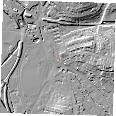 Shaded relief map of the ground around SE135AT, computed from Environment Agency LiDAR. The ground here sits at about 9 m above sea level and falls 29 m across the surrounding 800 m. Surface water reaching this point runs off ground lying to the north-east, 4.1 m higher.