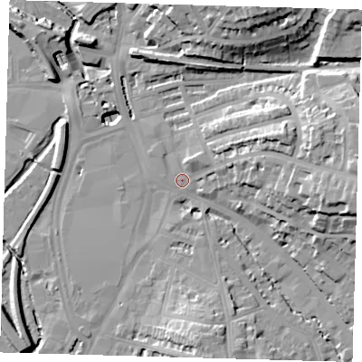 Shaded relief map of the ground around SE135AU, computed from Environment Agency LiDAR. The ground here sits at about 9 m above sea level and falls 28 m across the surrounding 800 m. Surface water reaching this point runs off ground lying to the east, 19.6 m higher.