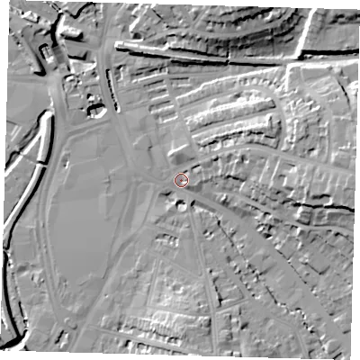 Shaded relief map of the ground around SE135BF, computed from Environment Agency LiDAR. The ground here sits at about 9 m above sea level and falls 27 m across the surrounding 800 m. Surface water reaching this point runs off ground lying to the east, 21.5 m higher.