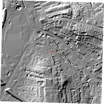 Shaded relief map of the ground around SE135ES, computed from Environment Agency LiDAR. The ground here sits at about 11 m above sea level and falls 30 m across the surrounding 800 m. Surface water reaching this point runs off ground lying to the south, 13.3 m higher.