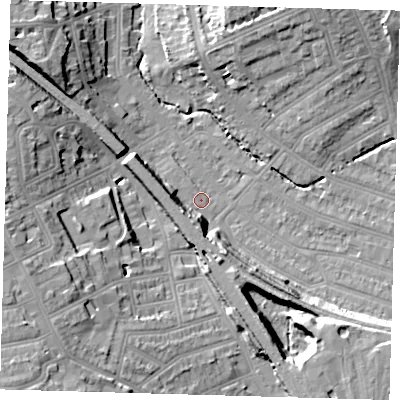 Shaded relief map of the ground around SE135FD, computed from Environment Agency LiDAR. The ground here sits at about 14 m above sea level and falls 22 m across the surrounding 800 m. Surface water reaching this point runs off ground lying to the south-south-east, 10.9 m higher.