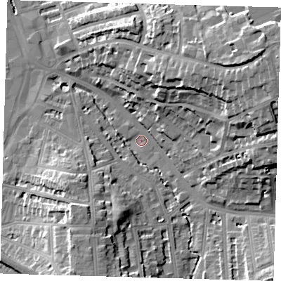 Shaded relief map of the ground around SE135FF, computed from Environment Agency LiDAR. The ground here sits at about 9 m above sea level and falls 28 m across the surrounding 800 m. Surface water reaching this point runs off ground lying to the south-south-west, 16.8 m higher.